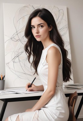 A woman sits at a desk and draws with a pencil