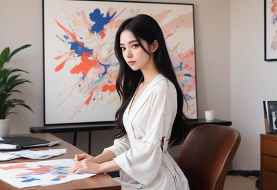 A woman sits at a desk, working on a drawing