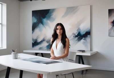 Woman admires her abstract painting at white desk