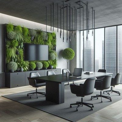 Modern office with green wall and city view