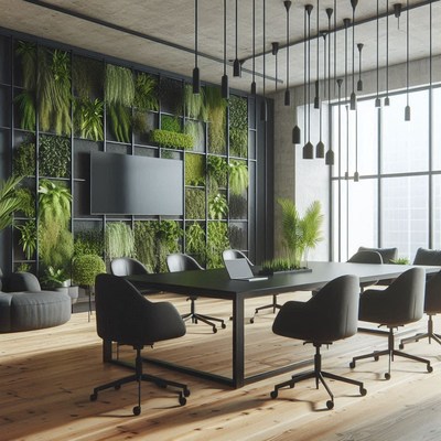 A modern office conference room with a green wall