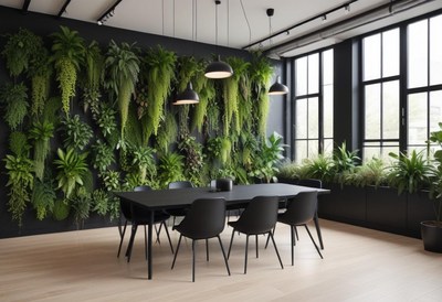 A modern dining room with a green wall and large windows