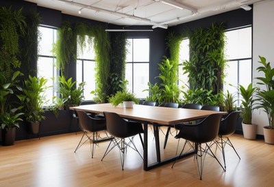 Modern meeting room with large windows and greenery