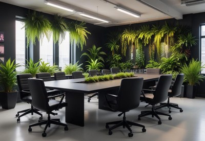 A modern office meeting room with black walls and windows