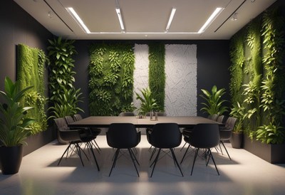 Modern meeting room with black table and green walls