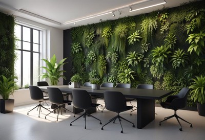 A modern office conference room features a green wall