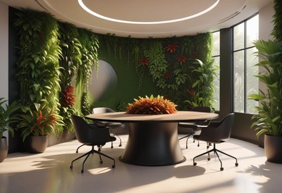 A modern office with a round table and greenery