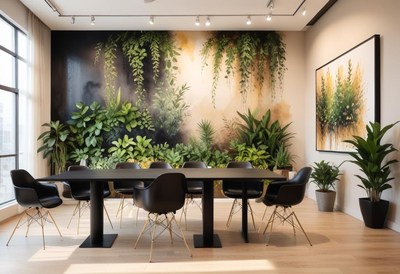 A modern dining room with a leafy wall mural