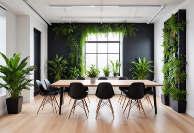 A modern dining room with a large window and lush greenery