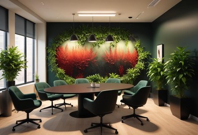 Modern office meeting room with green wall, big windows