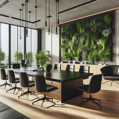 A modern office with a large green wall