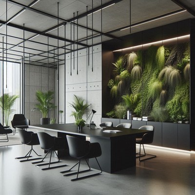 A black table with chairs sits in a modern office