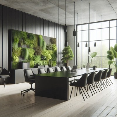 A modern conference room with a green wall