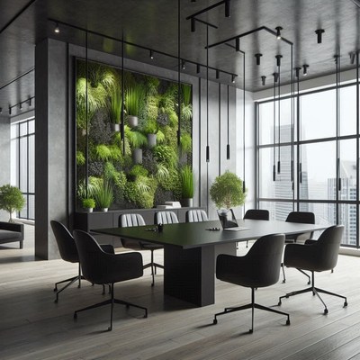 A modern conference room with a green wall and large windows