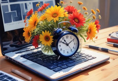 An alarm clock sits on a laptop keyboard with flowers nearby