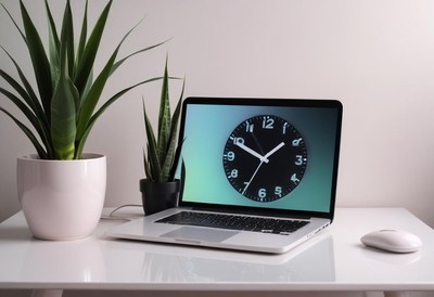 Laptop with a clock on a desk with plants