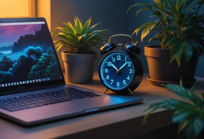 An alarm clock sits on a desk next to a laptop