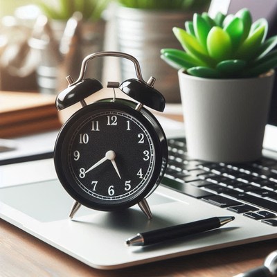 A black alarm clock sits on a laptop keyboard