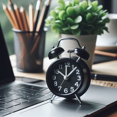 A black alarm clock rests on a laptop keyboard