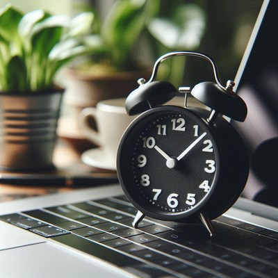 A black alarm clock sits on a laptop keyboard