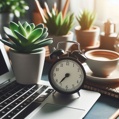 Alarm clock on laptop, ready for workday