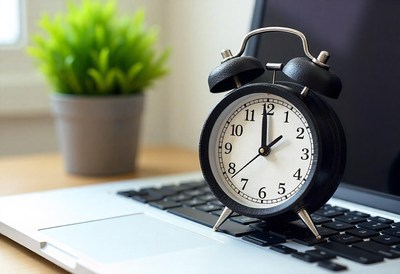 An alarm clock rests on a laptop keyboard