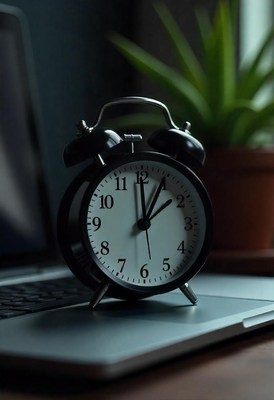 A black alarm clock sits on a laptop