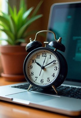 A black alarm clock sits on a laptop keyboard
