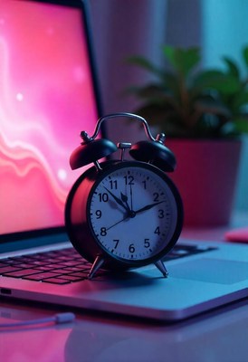A black alarm clock sits on a laptop keyboard