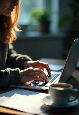 A woman types on a laptop in the afternoon