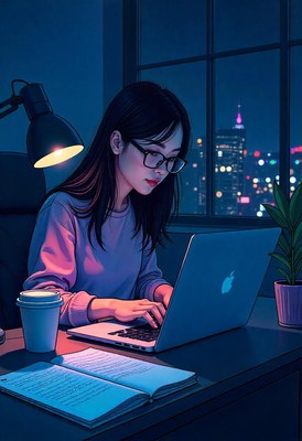 A woman works late at night on her laptop