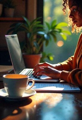 A woman works on her laptop in a cafe