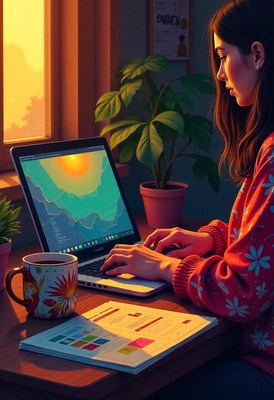 A woman types on her laptop at sunset