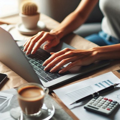 A woman types on a laptop at her desk