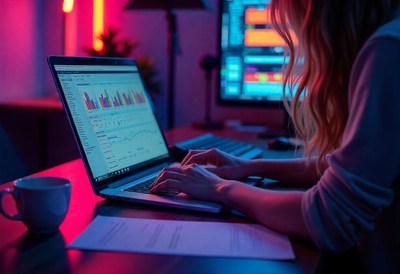 A woman works late at night on a laptop