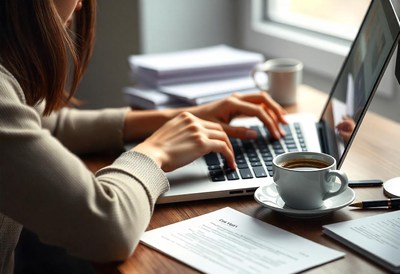 A woman works on her laptop at her desk