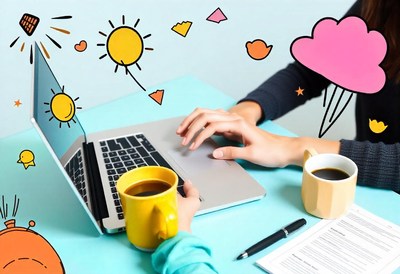 A person works on a laptop with a cup of coffee