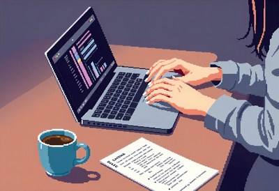 A person types on a laptop with a cup of coffee nearby