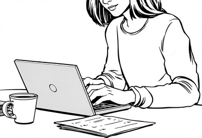 A woman types on a laptop at a desk
