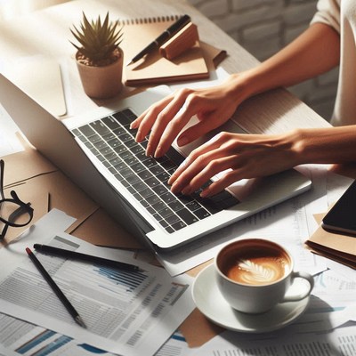 A person types on a laptop at a desk
