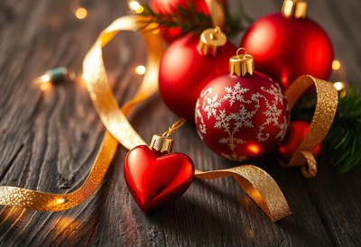 Red ornaments and a heart on a wooden table