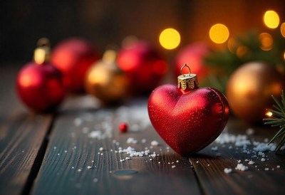 A red heart ornament sits on a wooden table with snow