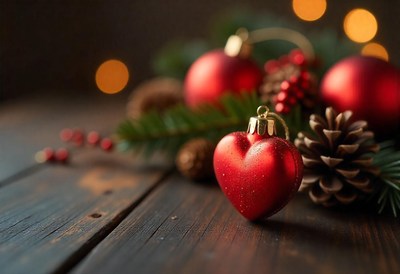 A red heart-shaped ornament is lying on a dark wooden table