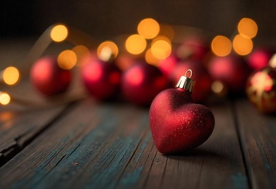 Red heart ornament on a wooden table with lights