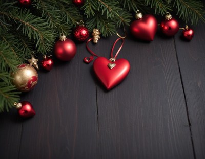 Red ornaments on a pine branch, black wood below