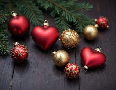 Red and gold ornaments on a dark wood surface