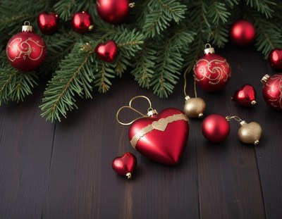 Red ornaments and a pine branch rest on a dark wooden table