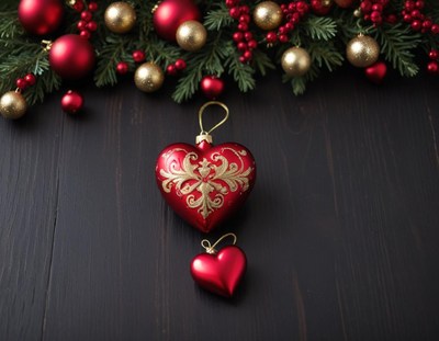 Red heart ornaments rest on a black surface