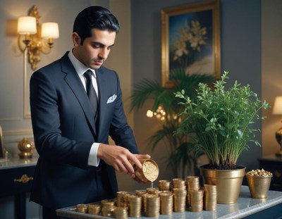A man in a suit pours gold coins onto a table
