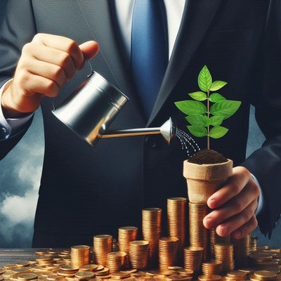 A businessman waters a plant on coins